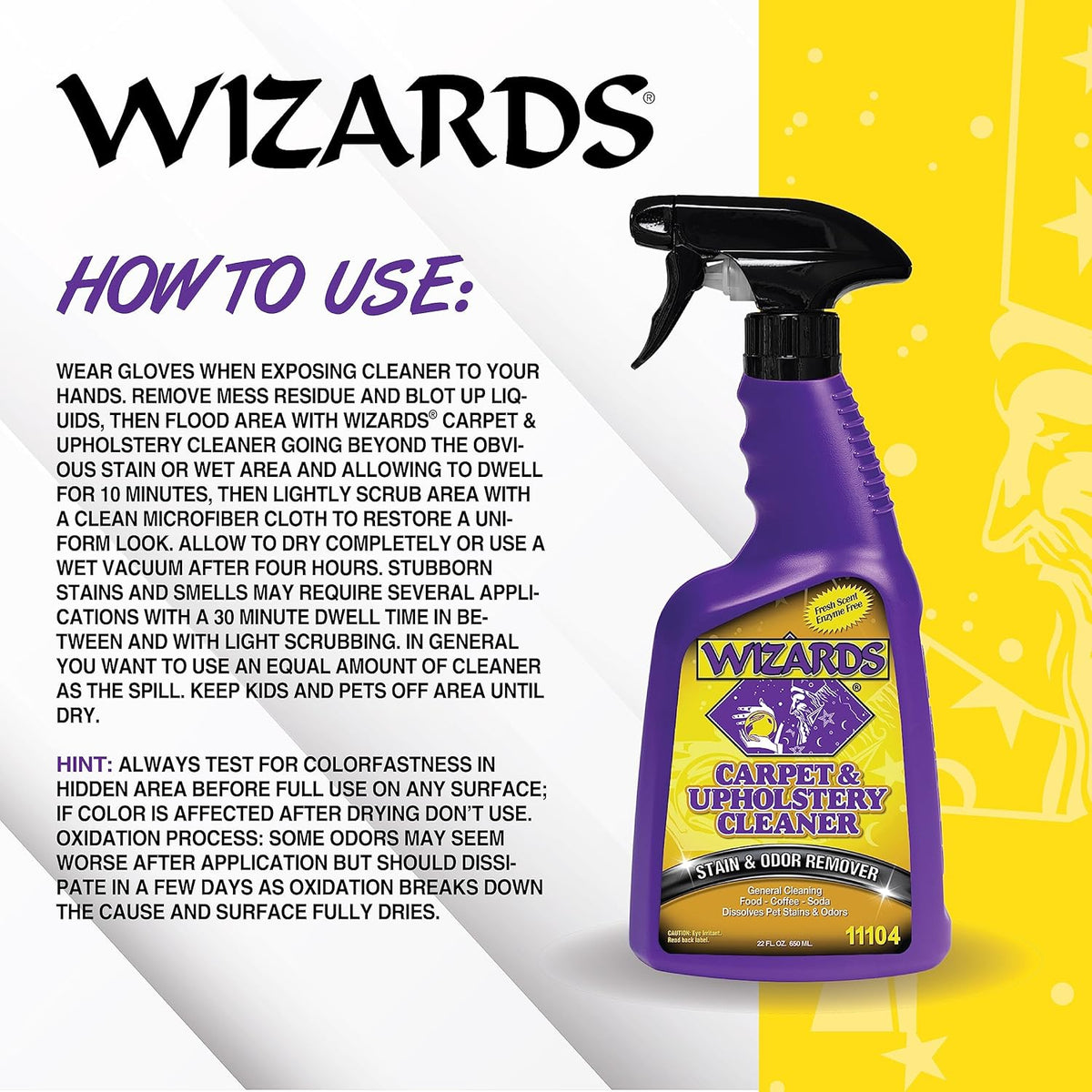 Wizards Carpet and Upholstery Cleaner - Fabric Cleaner Spray Solution for a Fresh & Clean Car - Pet Stain & Smell Remover and Natural Carpet Cleaner - Made in USA - 22 oz