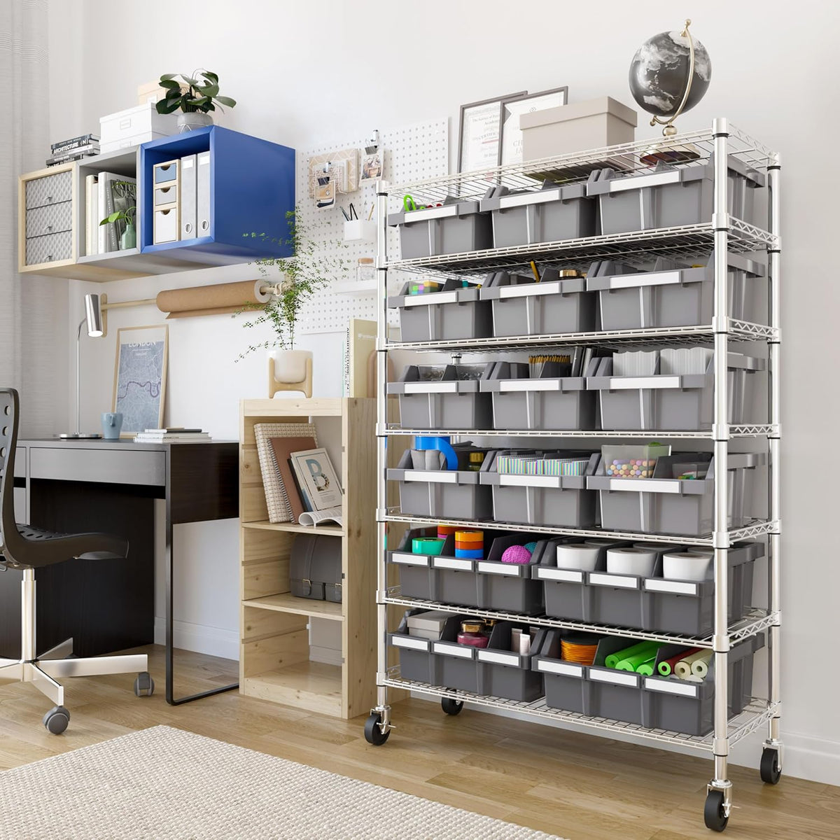 Seville Classics Heavy Duty NSF Bin Rack Solid Steel Wire Shelving Storage Unit, Patented Organizer for Garage, Warehouse, Office, Restaurant, Classroom, Kitchen, Gray, Includes 16 Bins