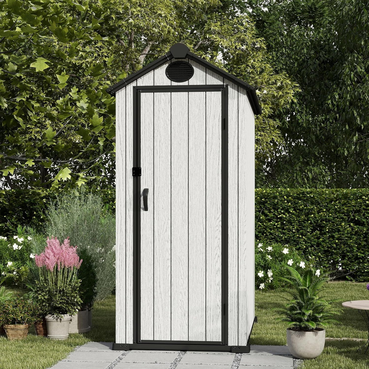 3.4x5.3 FT Resin Outdoor Storage Shed, 125 Cuft Garden Tool Sheds & Outdoor Storage Plastic Shed with Floor, 7FT Tall Backyard Outside Lawn Mower Storage Shed with Side Window, Cemented Grey