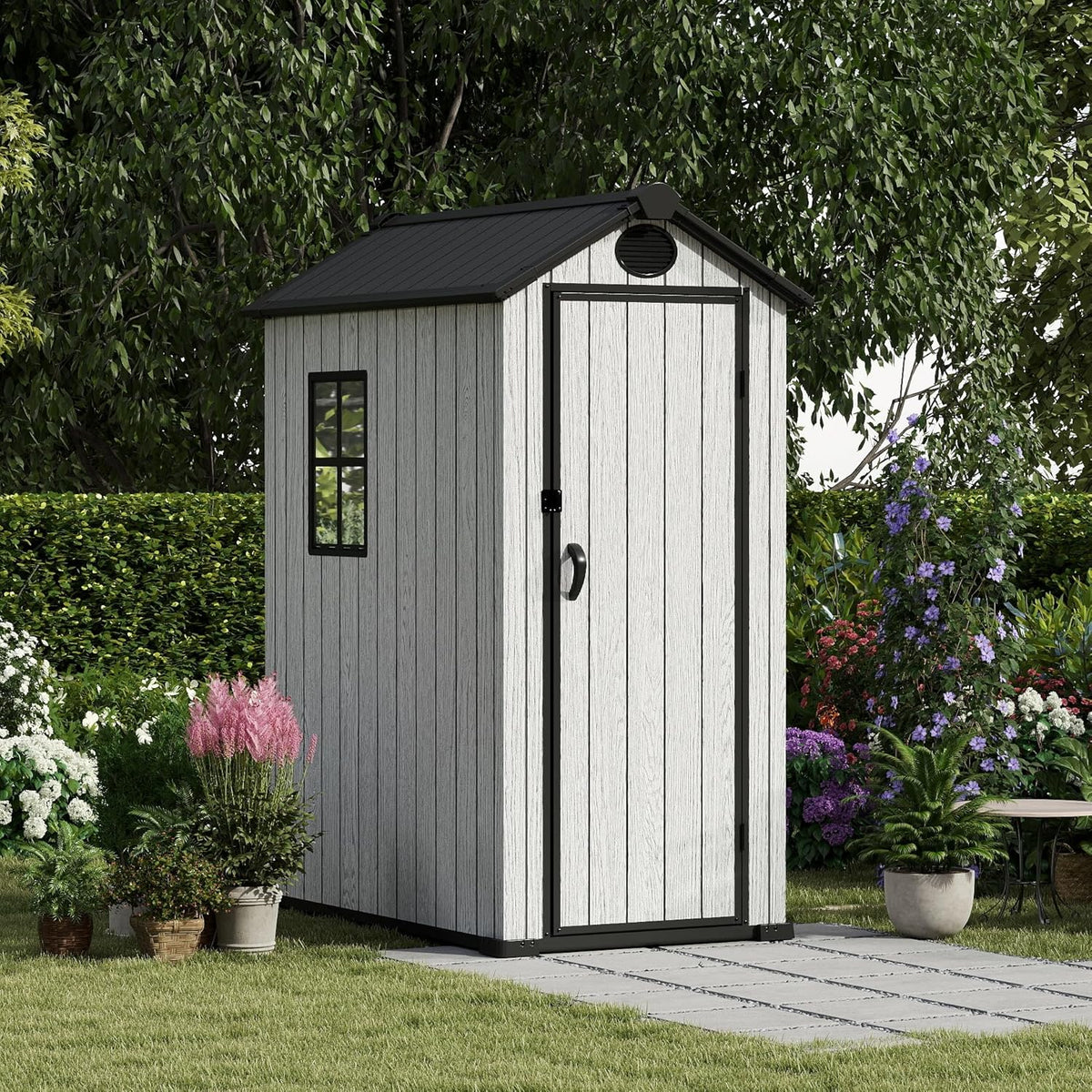 3.4x5.3 FT Resin Outdoor Storage Shed, 125 Cuft Garden Tool Sheds & Outdoor Storage Plastic Shed with Floor, 7FT Tall Backyard Outside Lawn Mower Storage Shed with Side Window, Cemented Grey