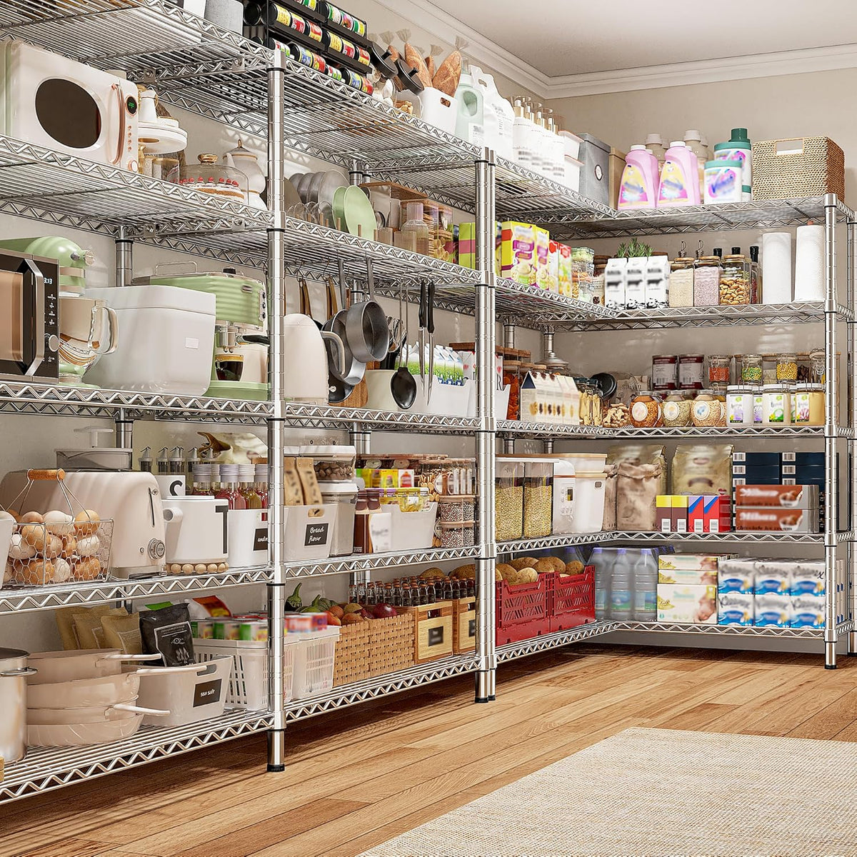 REIBII 69.8" W Storage Shelves 1510LBS Wire Shelving Unit 5 Tier Metal Shelving for Storage Rack Shelves Adjustable Heavy Duty Garage Shelf Pantry Shelves Kitchen Shelving,69.8"Wx15.8"Dx72.4"H,Chrome