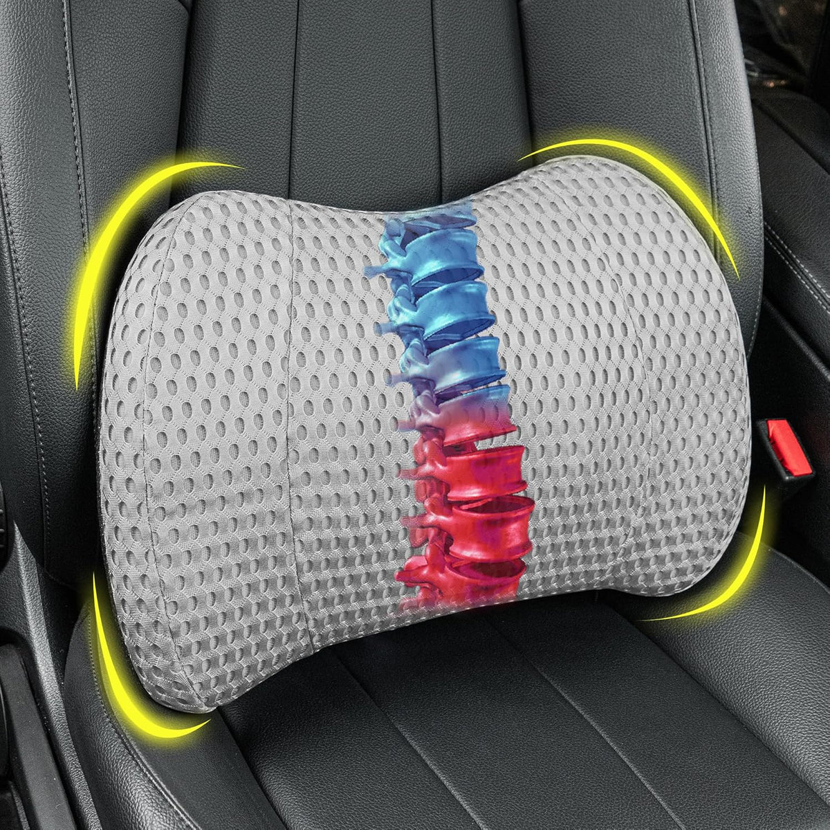 Lumbar Support Pillow for Car, Memory Foam Lumbar Pillow for Lower Back Pain Relief - Back Cushion for Driving, Chair Support for Car-Office Chair, Wheelchair - Mesh Gray