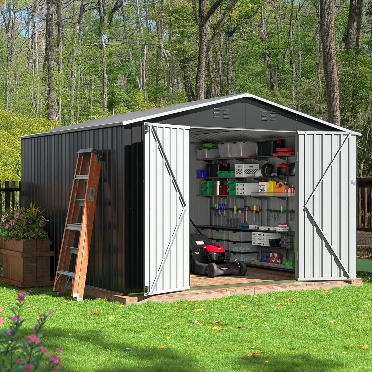 WKM 10x10 FT Outdoor Storage Shed, Utility Metal Tool Storage with Lockable Doors and Updated Frame Structure, Metal Garden Shed for Backyard, Patio Lawn, Black