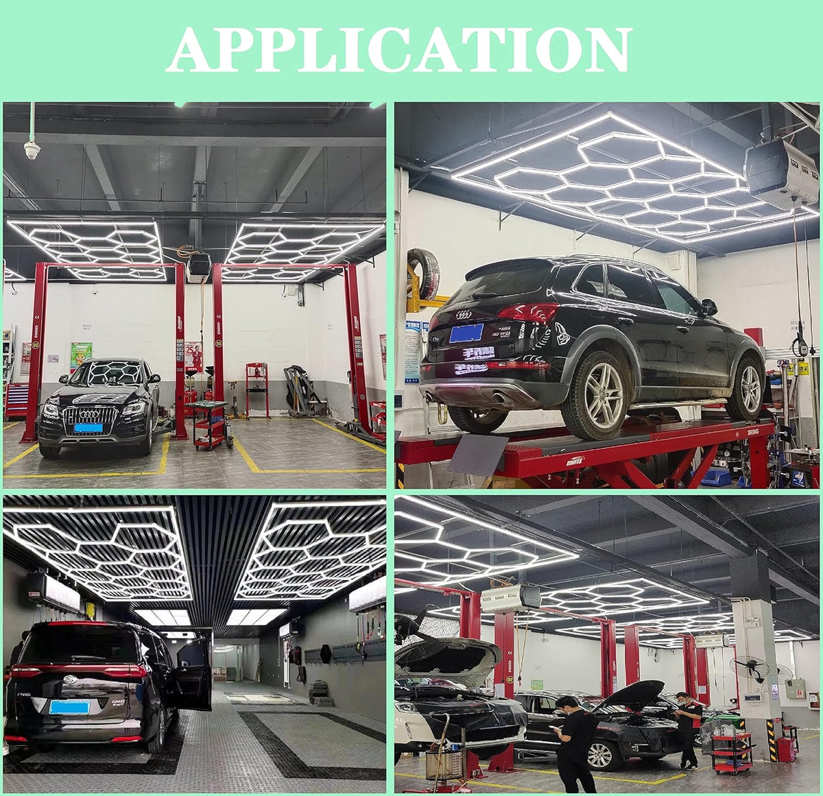 Car Detailing Led Garage Light,15 Hexagonal Grid Systems Led Shop Lights for Garage/Workshop with White Border, 6500K IP54 AC100-240V(191 “x96”)