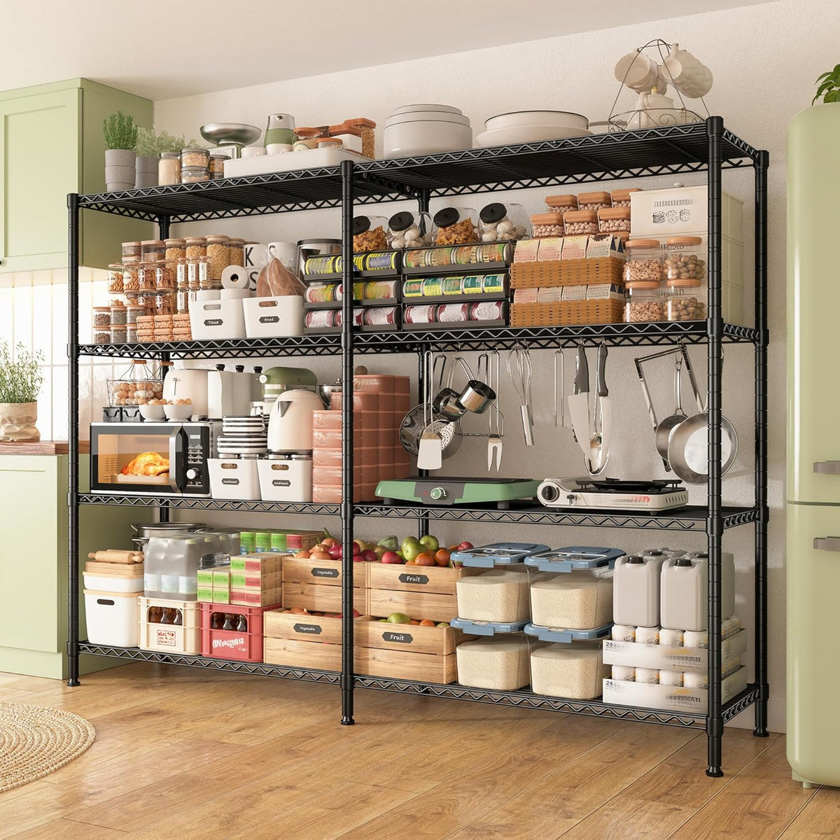REIBII 61.7''W Storage Shelves Load 1220LBS Wire Shelving Unit 4 Tier Metal Shelving for Storage Rack Shelves Heavy Duty Garage Shelf Pantry Shelves Kitchen Shelving, 61.7" W*62.9" H*15.8" D, Black