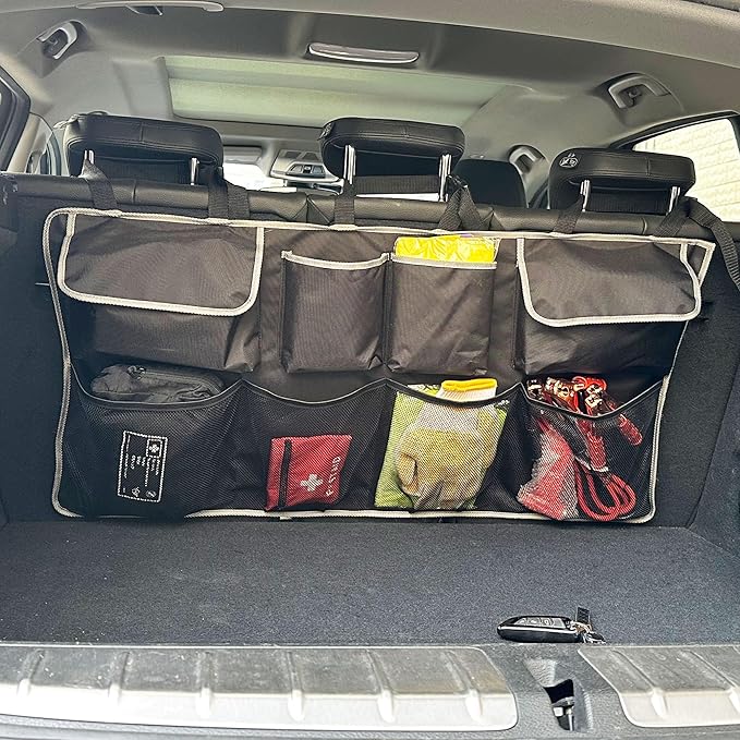 Car Back Seat Trunk Organizer Hanging Bag, Car Interior Organizer Accessories with 4 Pockets and 4 Mesh Pouches,Save More Storage Trunk Space for SUV,Jeep,MPV