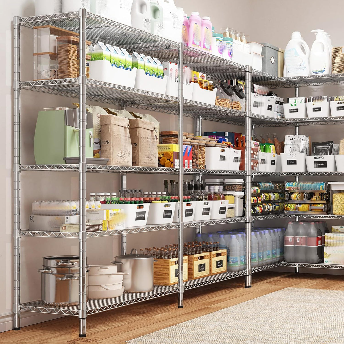 REIBII 58" W 5 Tier Heavy Duty Wire Shelving Unit with Adjustable Shelves - 1400LB Metal, Chrome - 58" W x 59" H x 13.8" D - Garage, Pantry, Kitchen