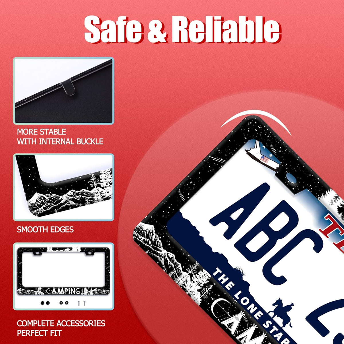 Camping License Plate Frame Forest Mountains License Plate Holder Funny Stainless Steel Accessories Cars Decor with 2 Holes and Screws Fits Standard Us Ca Vehicles License Plate Frames 12.2 X 6 Inch