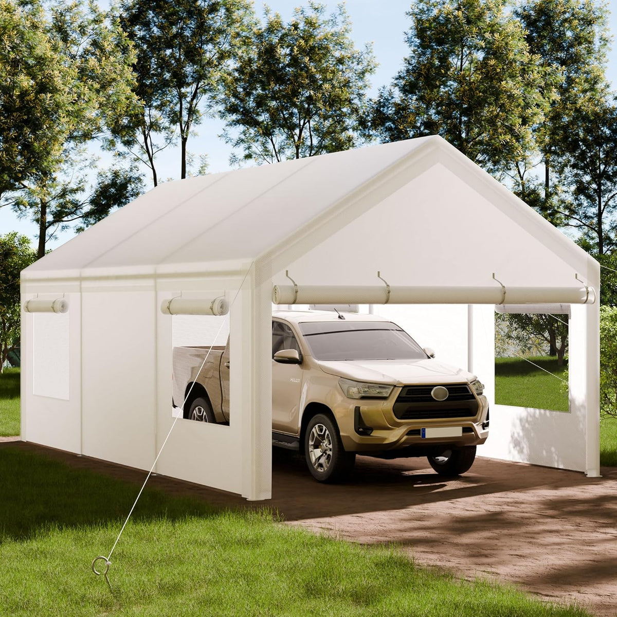 Shintenchi Carport 12' x 20' Heavy Duty Portable Garage, Car Port Canopy with Side-Opening Removable Door & Roll-Up Windows, Car Canopy for Truck,Car,Boat,Motorcycle,White