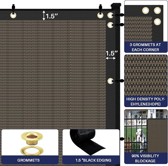 Windscreen4less Privacy Fence Screen Heavy Duty Windscreen Fencing Mesh Fabric Shade Net Cover with Brass Grommtes for Outdoor Wall Garden Yard Pool Deck, 8'x130' Brown