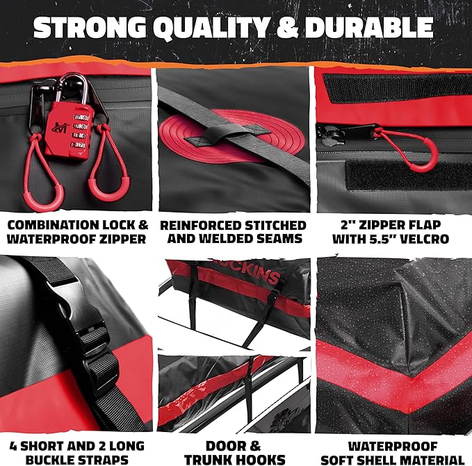 Mockins 45 CuFt XL Waterproof Rooftop Cargo Carrier Bag | 75"x48"x22" Heavy-Duty Car Roof Cargo Carrier for Use with or Without Roof Rack | All-Weather Car Bag with Mat, Lock, Hooks, Straps & Case
