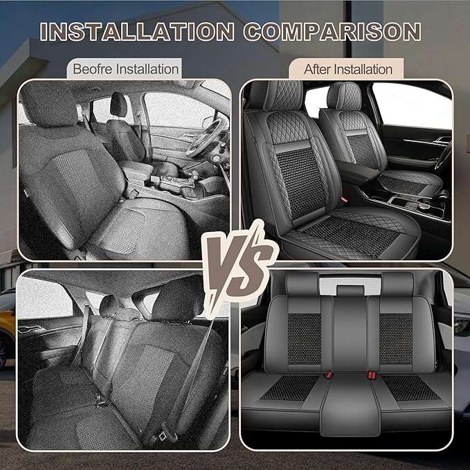 TTX LIGHTING for Mazda Mazda 3 2007-2019 Car Seat Covers, Breathable Ice Silk & Leather Seat Protector, Cool & Anti-Sweat for Long Driving, Airbag Compatible, 5 Seats Full Set (Black&Gray)