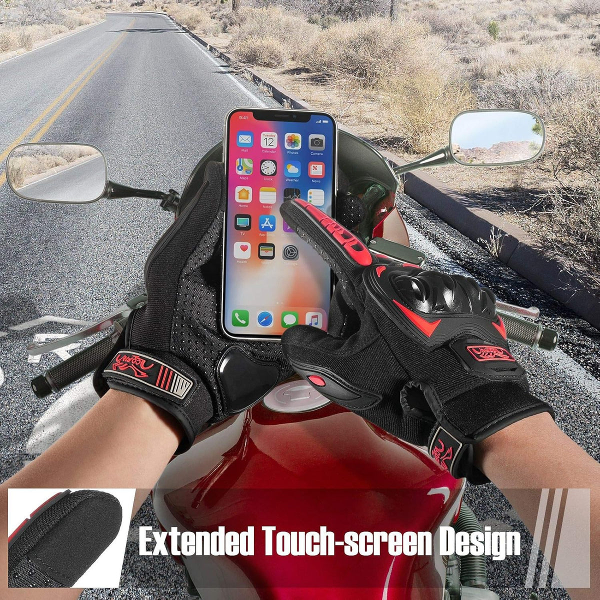 COFIT Motorcycle Gloves Breathable, Touchscreen Motorbike Gloves Anti-Slip with Good Grip Hard Knuckles Protection for Men Women Motocross, BMX ATV MTB Cycling, Road Racing - Red M
