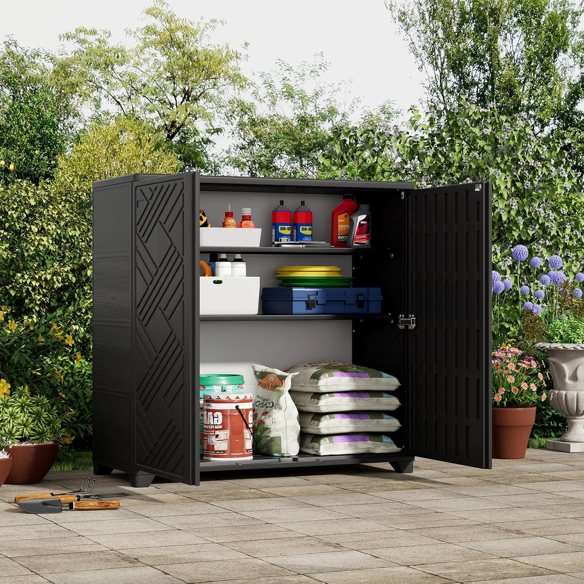 ZZM Indoor/Outdoor Storage Cabinet Waterproof, 34"x15"x34" Plastic Outdoor Storage Box for Garden Balcony Bathroom, All Weather Outdoor Storage Clearance, DIY Usage, with 1 Shelf (Black)