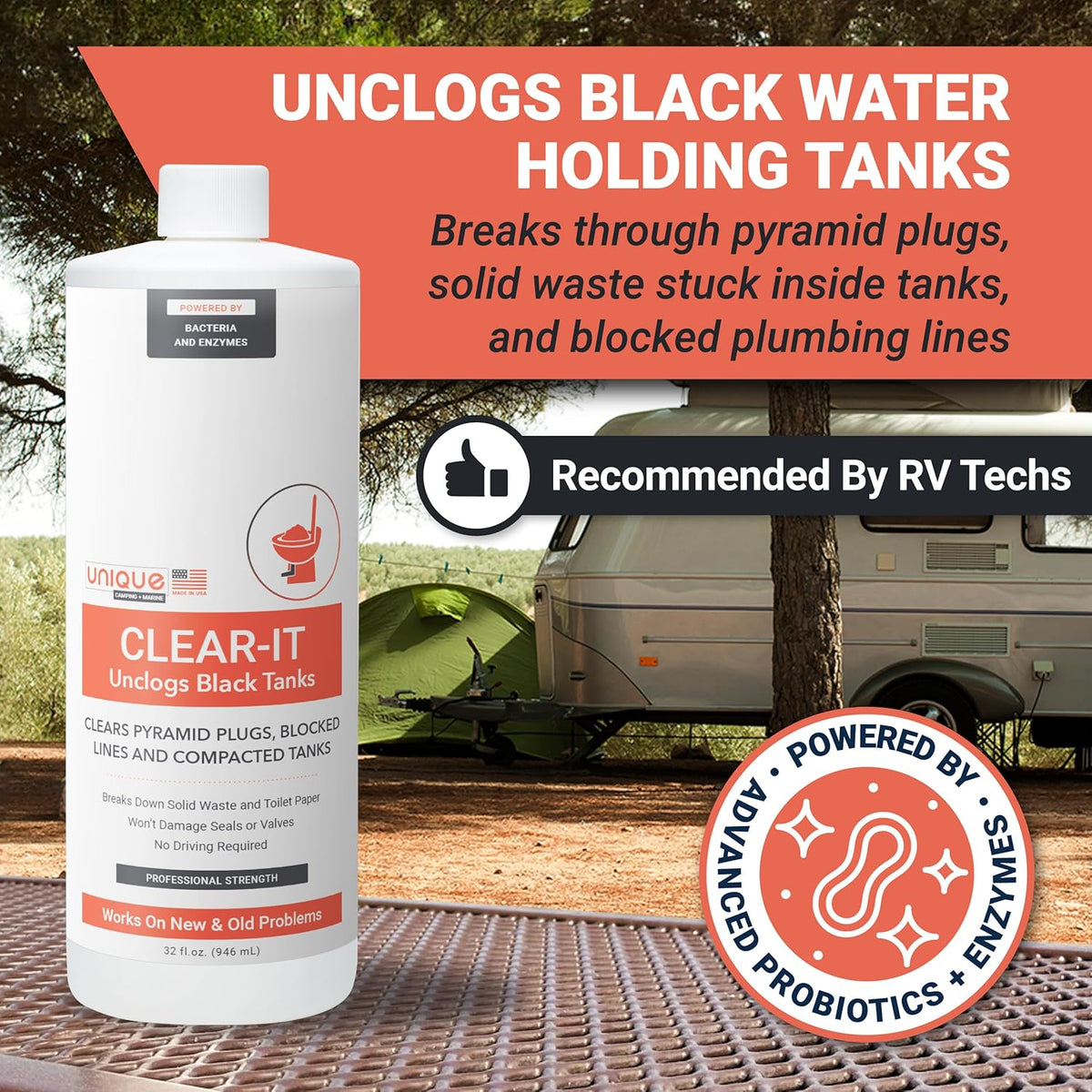 Unique Clear-It RV Black Tank Unclogger Liquid - Breaks Through Pyramid Plugs, Compacted Tanks, and Clogged Pipes (32 oz)