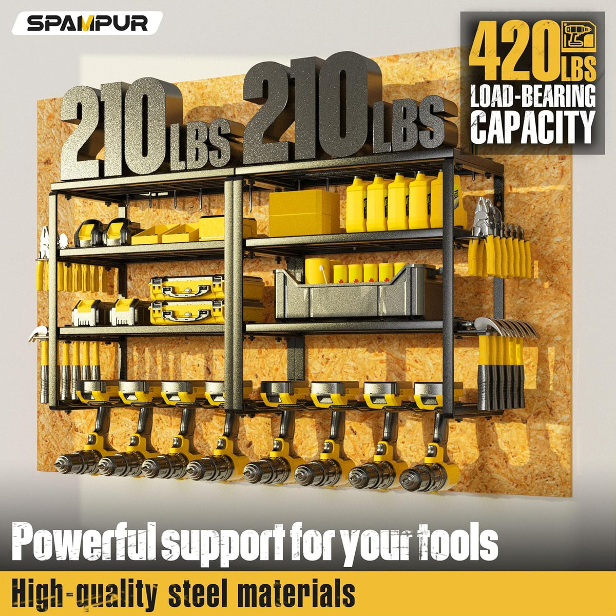 Power Tool Organizer, 15 Min Quick Assembly & Max 420lbs load by Heavy Duty Metal, 4 shelves 8 Slots for Cordless Drill in Garage/Workshop/Pegboard/Shed Suitable for Father's Day