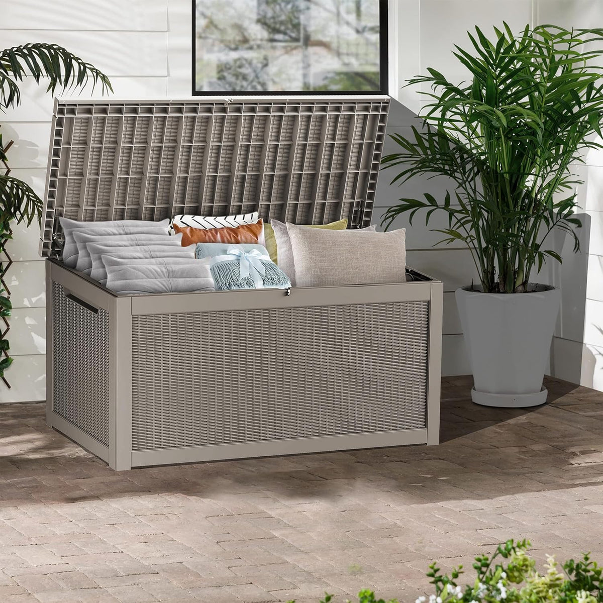 320 Gallon Lockable Resin Deck Box, Waterproof & UV-Resistant Outdoor Storage Box for Outdoor Cushion Storage, Garden Tools & Pool Accessories Storage, Gray