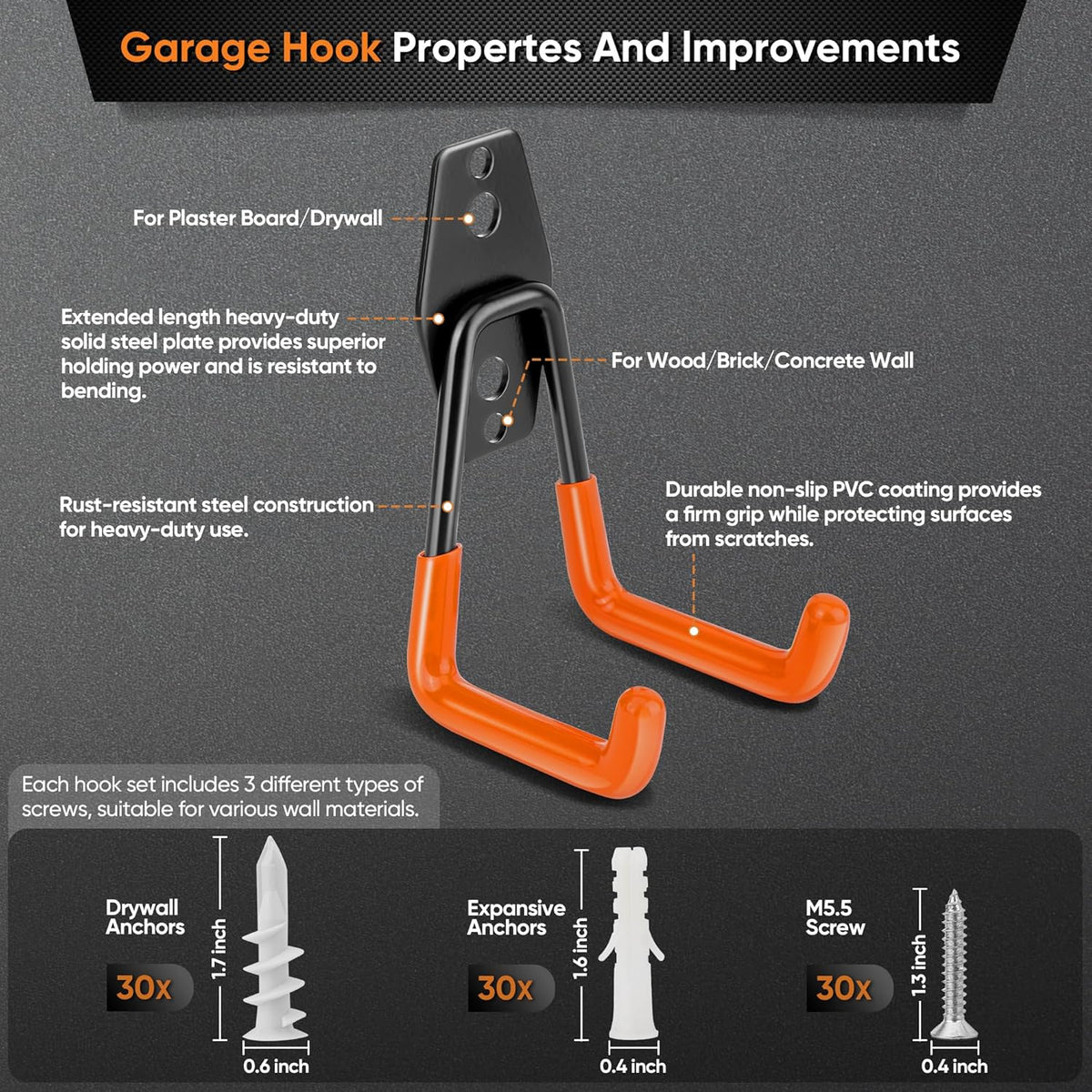 Nacial 16 Pack Garage Hooks Heavy Duty, Utility Steel Garage Storage Hook with 2 Extension Cord Storage Straps, Utility Garage Wall Mount Hooks for Hanging Bike, Ladder and Garden Tools, Orange