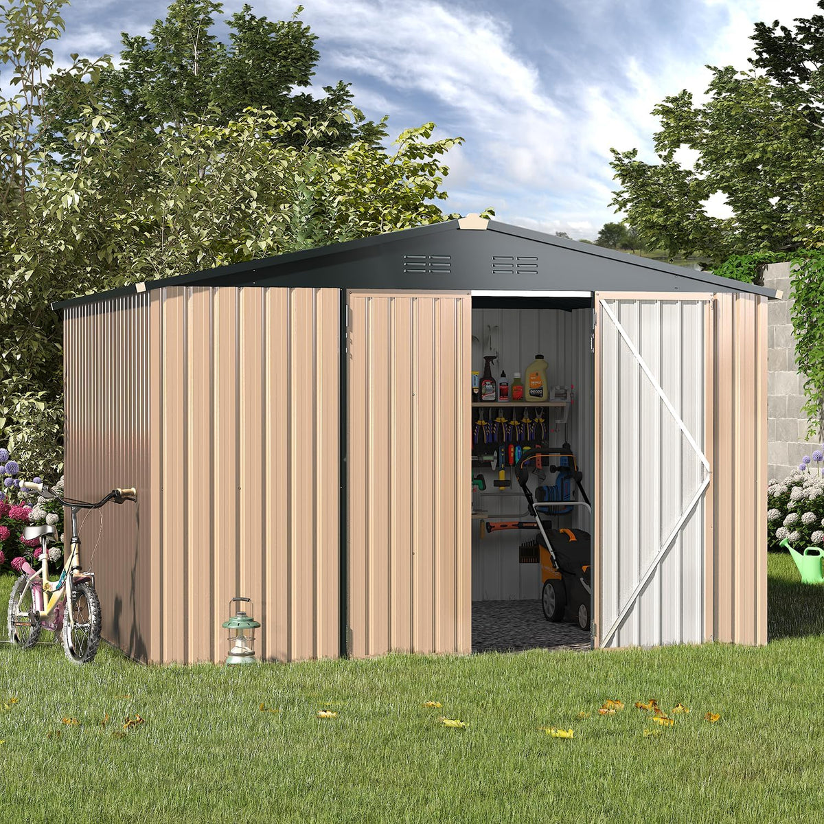 U-MAX 8' x 10' Metal Storage Shed for Outdoor, Yard Steel Shed with Design of Lockable Doors, Utility and Tool Storage for Patio, Garden, Backyard, Outside use