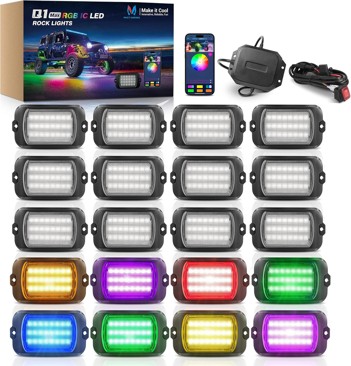MICTUNING 2025 1000% Bright Q1 MAX RGB+IC Rock Lights, 20 Pods Chasing Dreamcolor Extensible Underglow Multicolor Neon Light Underbody Lighting Kit with APP Control for Truck ATV UTV Boat