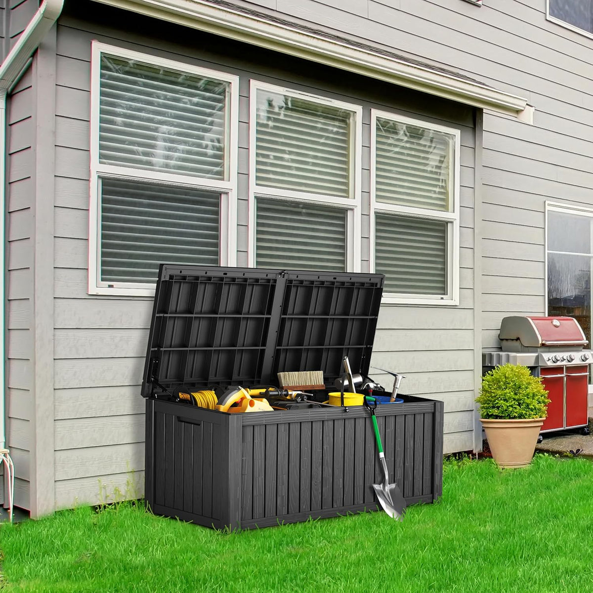 180 Gallon Lockable Resin Deck Box, Waterproof & UV-Resistant Outdoor Storage Box for Outdoor Cushion Storage, Garden Tools & Pool Accessories Storage, Black