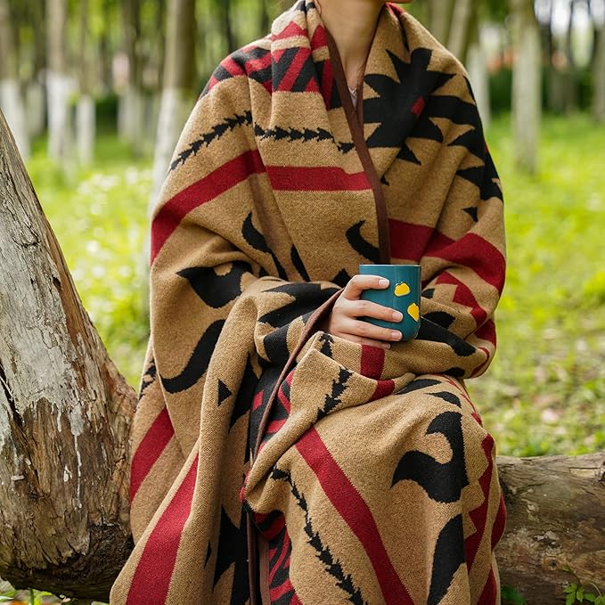 PuTian Merino Wool Blanket - Warm, Thick, Washable, 87" x 63" Large Throw for Outdoors, Camping,Couch, Bed, Travel - Super Soft Wool Blanket (Striped Fire Light Tan)