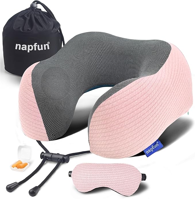 napfun Neck Pillow for Traveling, Upgraded Travel Neck Pillow for Airplane 100% Pure Memory Foam Travel Pillow for Flight Headrest Sleep, Portable Plane Accessories, Pink Striped Kit