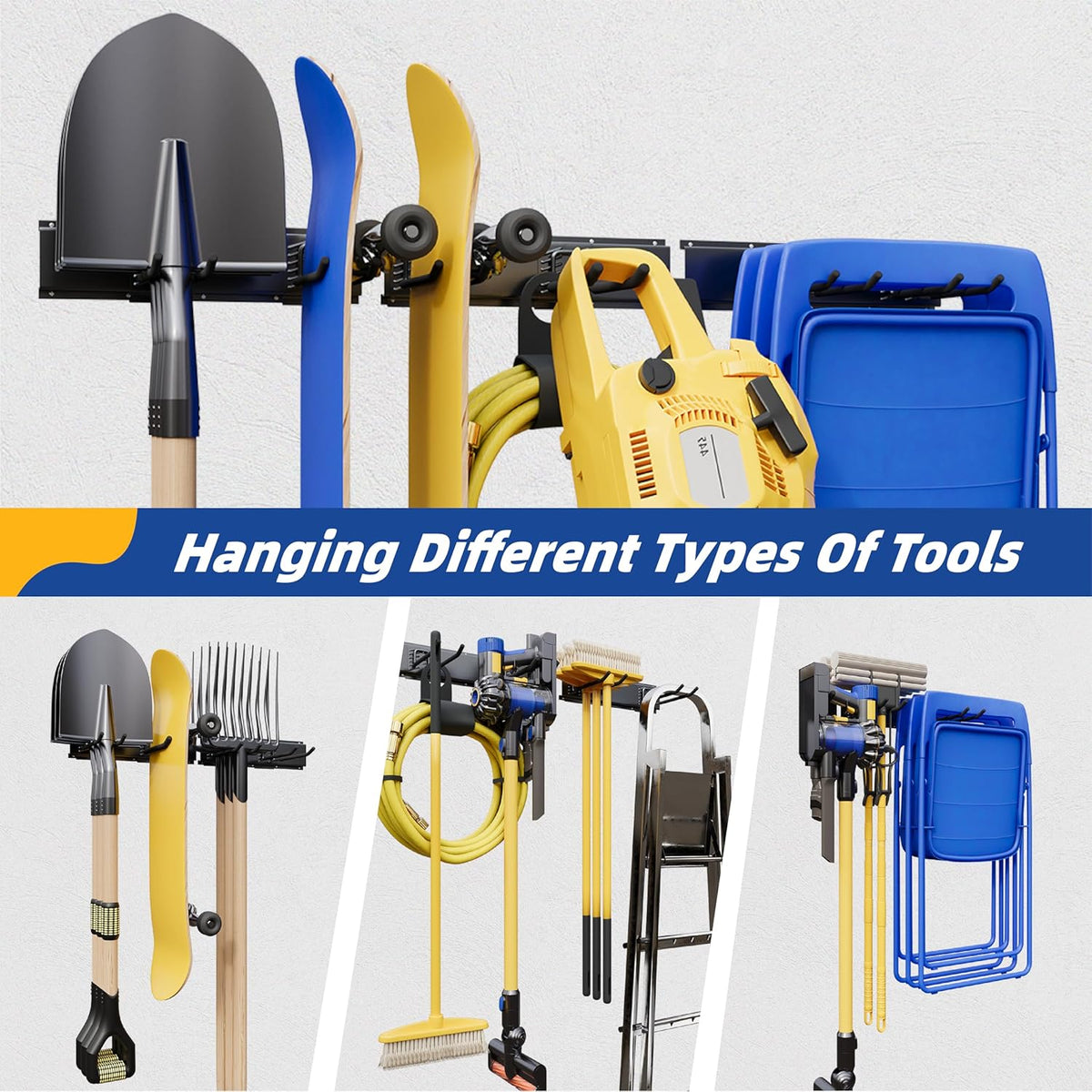 Garage Tool Organizer Wall Mount, 48" Garage Wall Organizer, Heavy Duty Garden Tool Organizers with Adjustable Hooks, 400 lbs Garages Organization, Anti-Rust Garden Tool Storage Rack for Yard and Shed