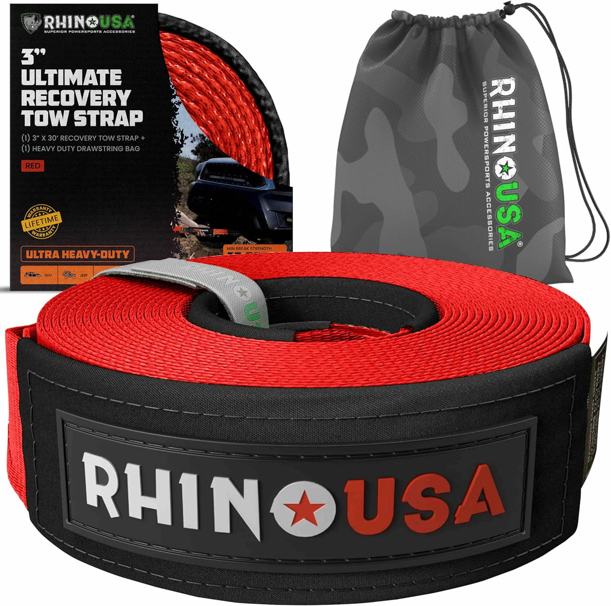 Rhino USA Recovery Tow Strap (3"x30') - 31,518lb Break Strength - Emergency Recovery Strap Tow Rope for Truck, UTV, ATV & More - Heavy Duty Towing Strap for Offroad 4x4 Use- Compatible with Jeep (Red)
