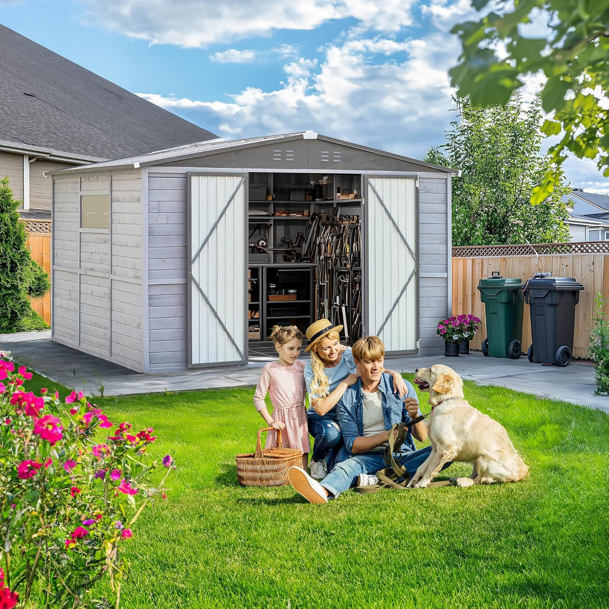 8x10 FT Outdoor Storage Shed with Windows, Wood & Metal Garden Shed, Outside Storage Shed Waterproof for Backyard, Garden, Patio, 4 Vents (Without Floor) Gray