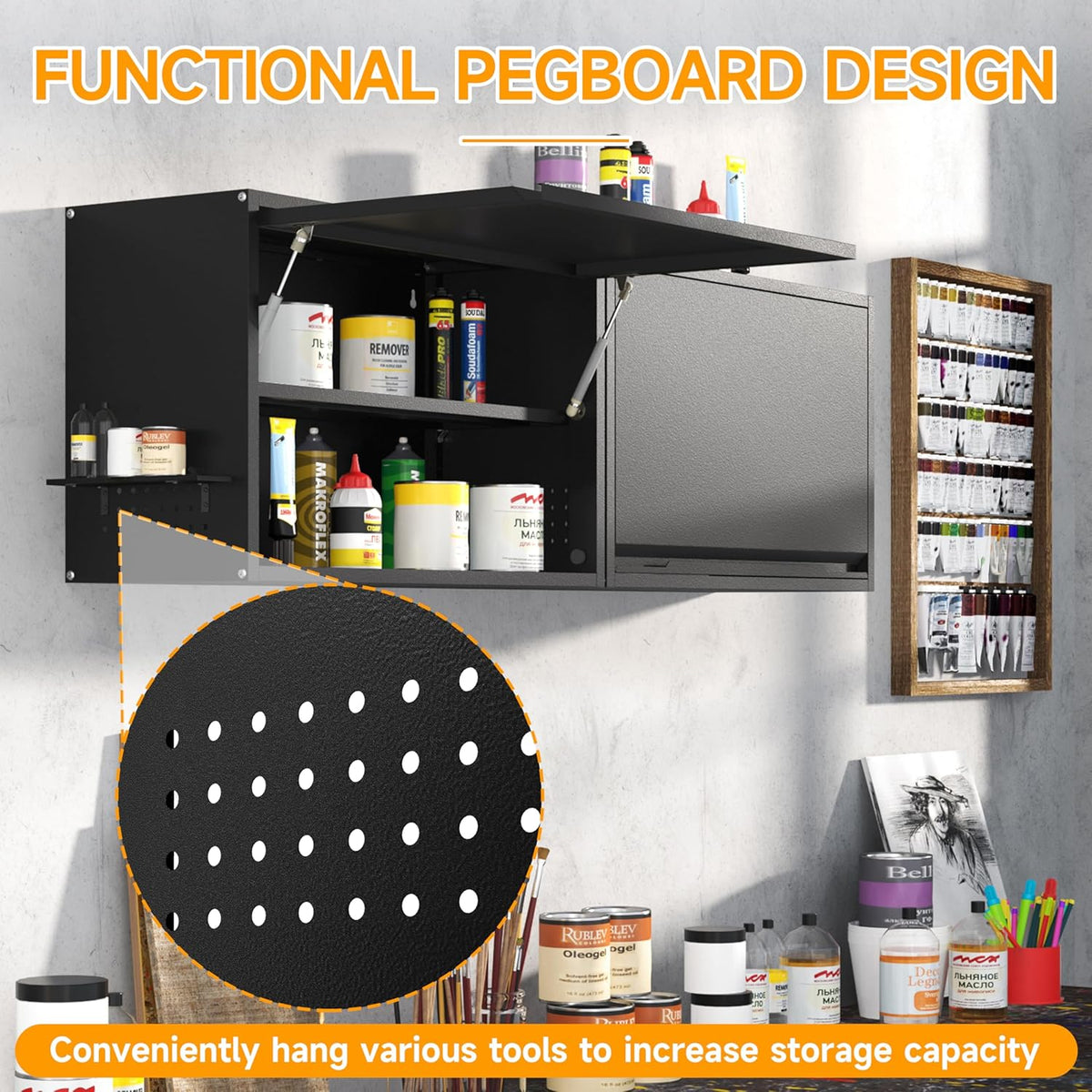 Metal Wall Cabinet with Up-flip Door,Metal Wall Storage Cabinet with Adjustable Shelf,Wall Mounted Tool Cabinets with Pegboard for Garage,Basement,Home Office, Kitchen,Warehouse-Black