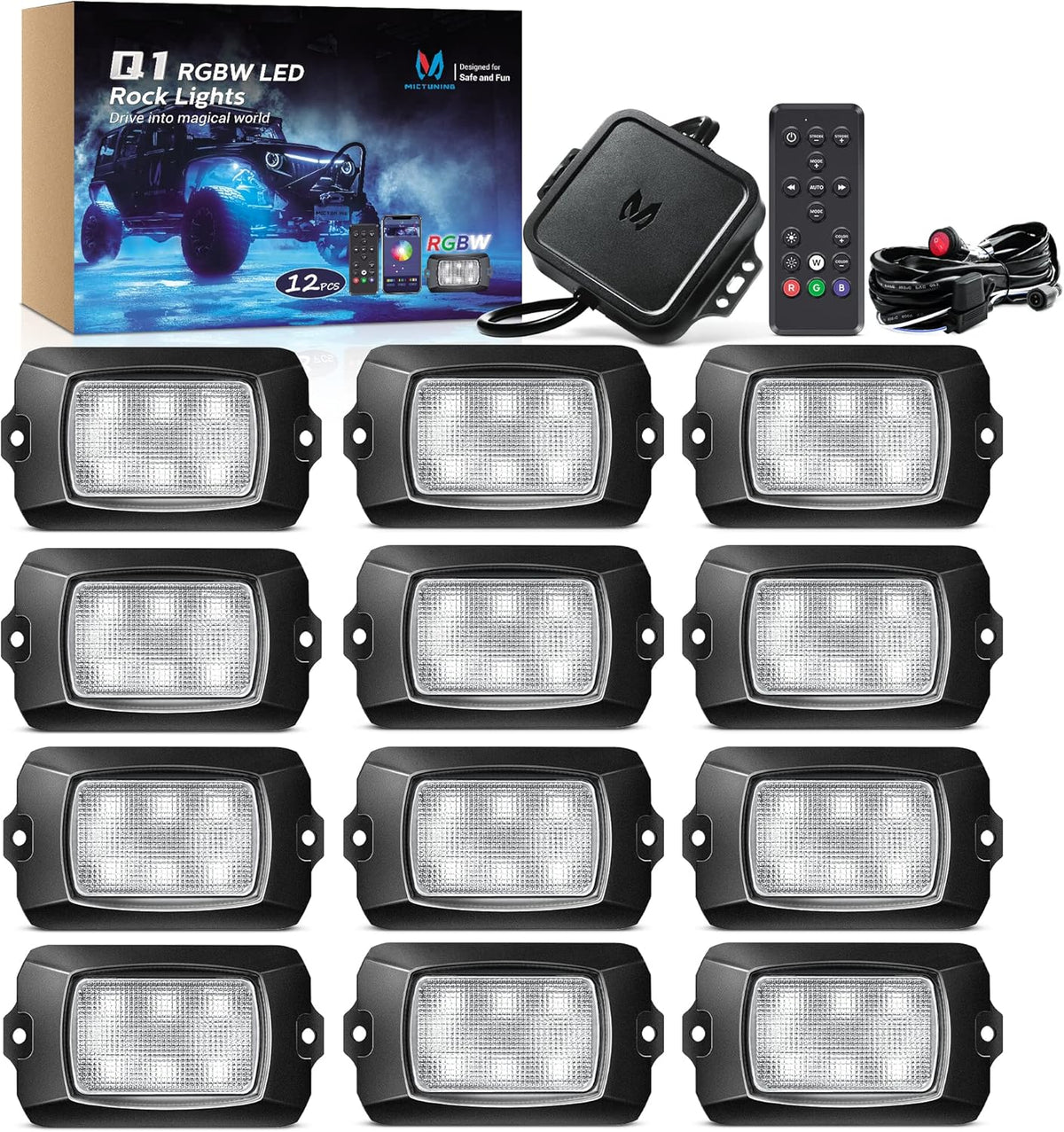 MICTUNING Q1 RGBW Rock Lights, 12 Pods Pure Color Underglow Neon Multicolor Lighting with Wiring Switch Kit, Bluetooth Controller, Remote Control, Music Mode for Trucks Car ATV UTV Golf Cart