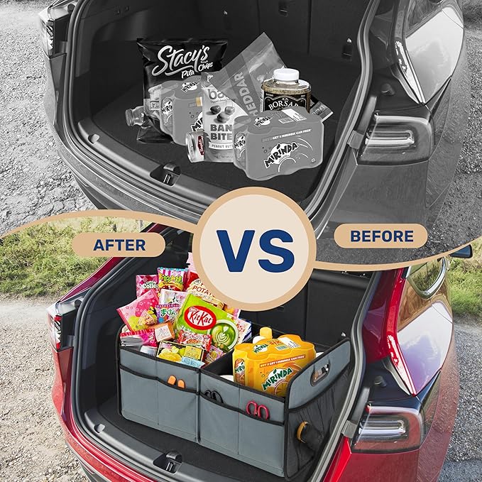 YSSOA Trunk Organizer for Car/SUV/Truck, Collapsible 2 Compartment Automotive Storage Box, 600D Waterproof Oxford Polyester 50L Travel Accessories, Anti-slip & Leak-proof, Grey-Green