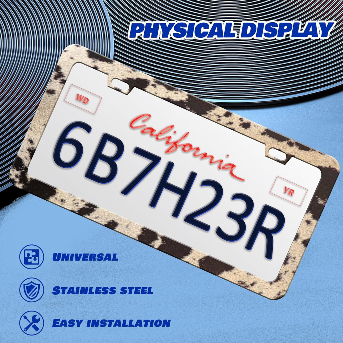 Brown Cow Print License Plate Frame Animal License Plate Frames Personalise Stainless Steel Funny Design Compatible with Standard License Plate Holder for USA Canada 6 X 12 Inch with Screws