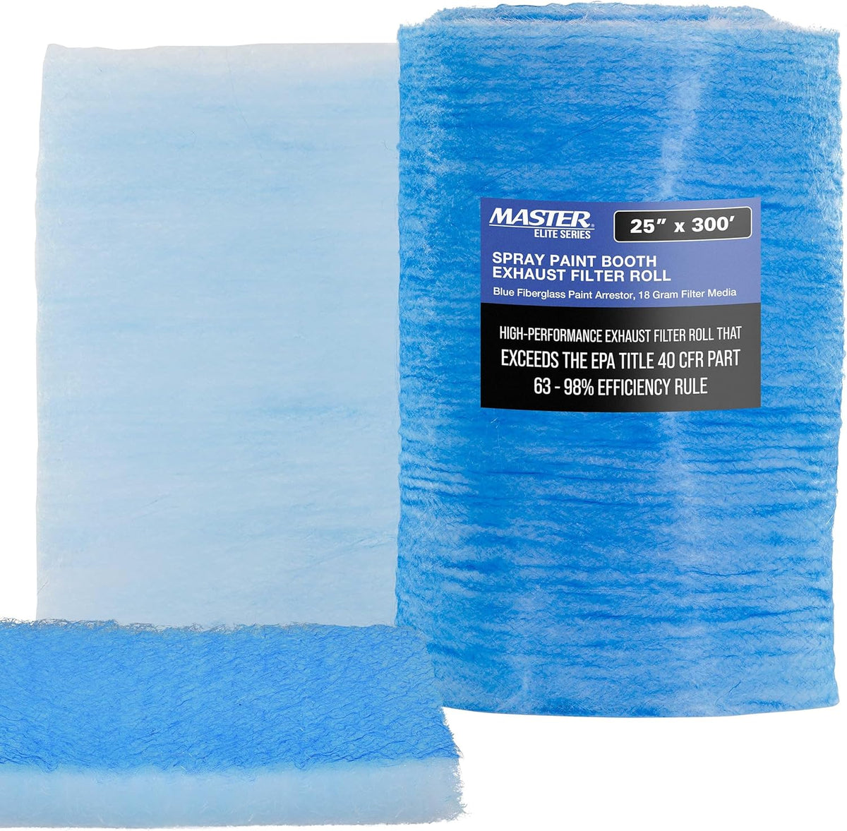 Master Elite Premium Paint Spray Booth Exhaust Filter Roll, 25" x 300' - 18 Gram Heavy-Duty Fiberglass Arrestor - Captures Traps Overspray Particles in Auto Car Autobody Refinish Booths