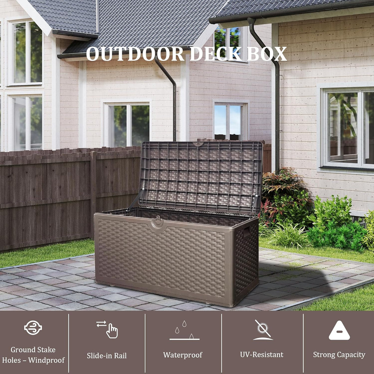80 Plus Gallon Outdoor Storage Box, Waterproof Resin Deck Box Outdoor Storage Bin for Patio, Poolside, and Garden, Lockable & UV-Resistant, Ideal for Small Spaces, Brown