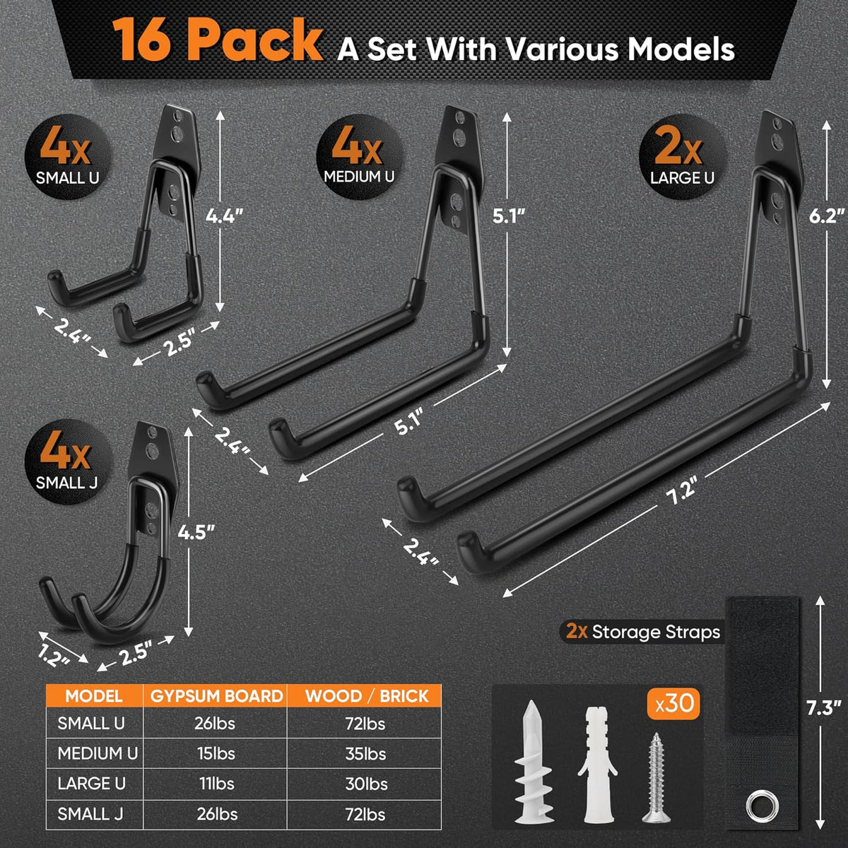 Nacial 16 Pack Garage Hooks Heavy Duty, Utility Steel Garage Storage Hook with 2 Storage Straps, Utility Garage Wall Mount Hooks for Hanging Bike, Ladder and Garden Tools, Perfect for Father Day Gifts
