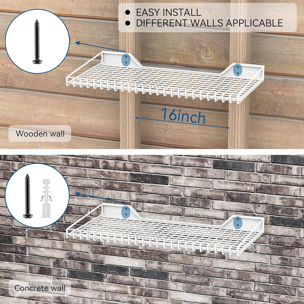 Wallmaster Heavy Duty Garage Wall Shelving 2 Pack 23.6"x11.8" Metal Wire Shelves Wall Mount Mesh Storage Rack for Garage, Office, Basement and Kithcen, max Load 65 lbs (White)