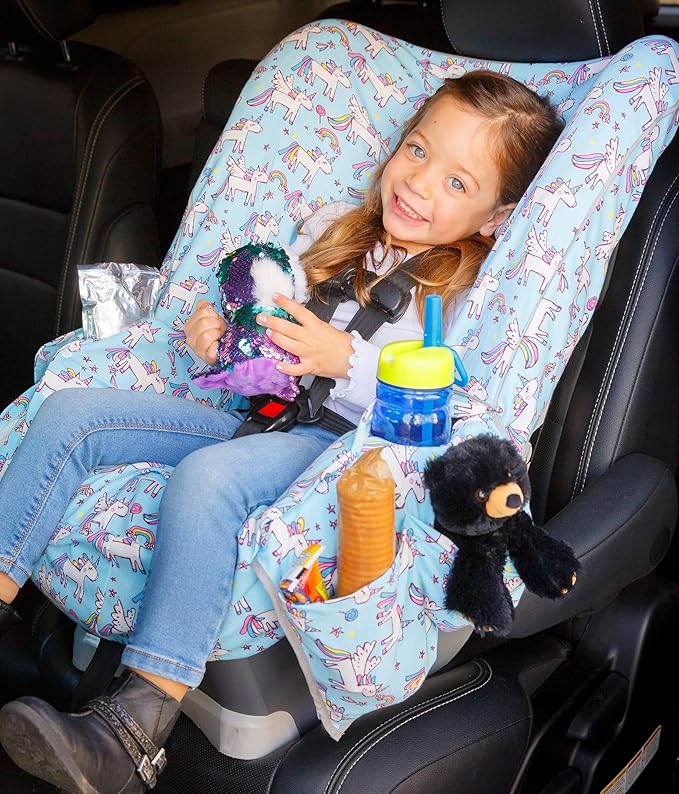 Niko Easy-Wash Children's Car Seat Cover & Liner - 100% Cotton Jersey Blue Unicorn - Fits Most Toddler Car Seats - Universal Fit - Waterproof SEAT Bottom - Machine Wash and Dry