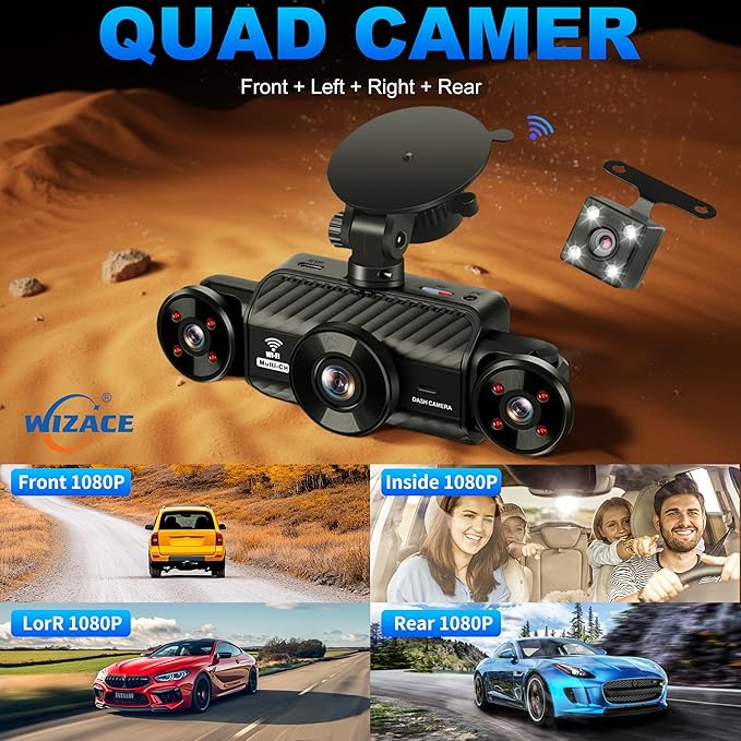4 Channel Dash Cam 360 Degree View 5G WiFi & APP Control, WIZACE 2K Front and Rear Inside, Left Right Dash Camera for Cars Free 64GB TF Card, G-Sensor, Night Vision, 24H Parking Mode