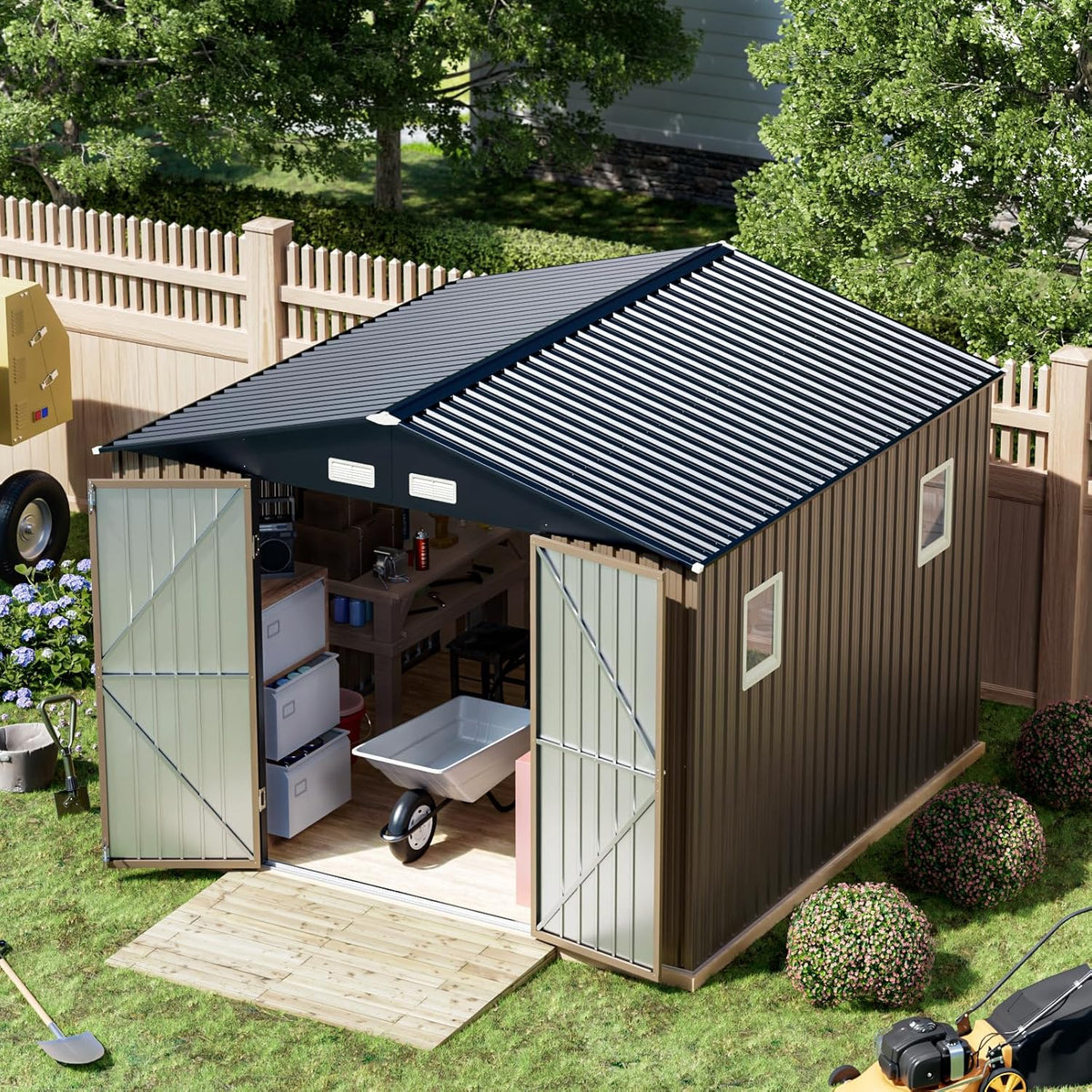 Breezz Outdoor Storage Shed 10 x 10ft. Utility Tool Shed Metal Storage Garden Shed with Lockable Doors, Windows & Metal Frame Floor for Patio Storage,Brown
