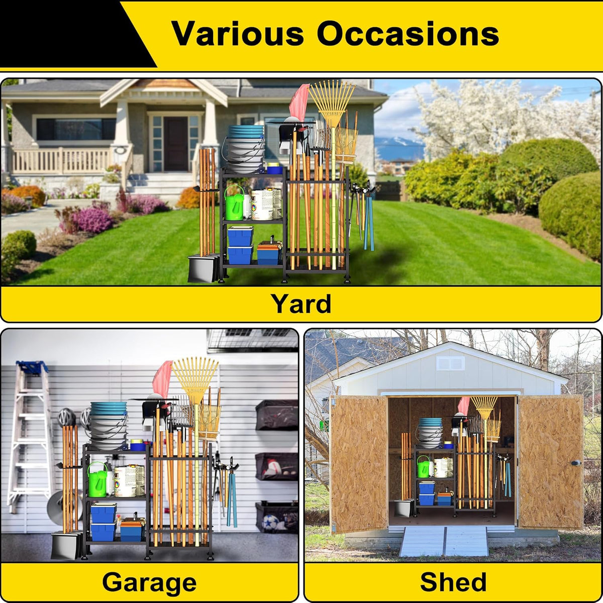GIOTORENT 6 Tier Garden Tool Organizer, Garage Storage and Organization, Metal Yard Tools Storage Rack, Heavy Duty Garden Tool Organizer for Garage, Yard, Patio, Shed, Indoors and Outdoors, Black