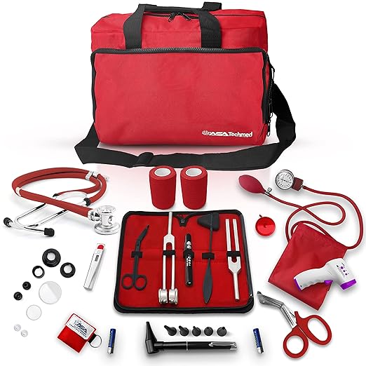ASA Techmed Nurse Starter Kit - Stethoscope, Blood Pressure Monitor, Tuning Forks, and More - 18 Pieces Total (Red)