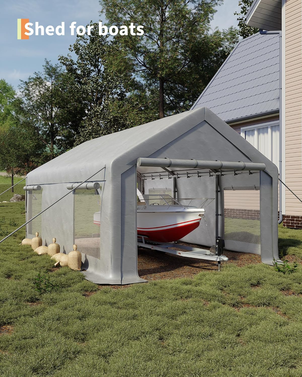 12x20 Ft Carport, Car Port with 200g PE Tarp, Roll-Up Doors, and 4 Windows, for Full-Size Pickups, Bass Boats, Tractors, and SUVs, White