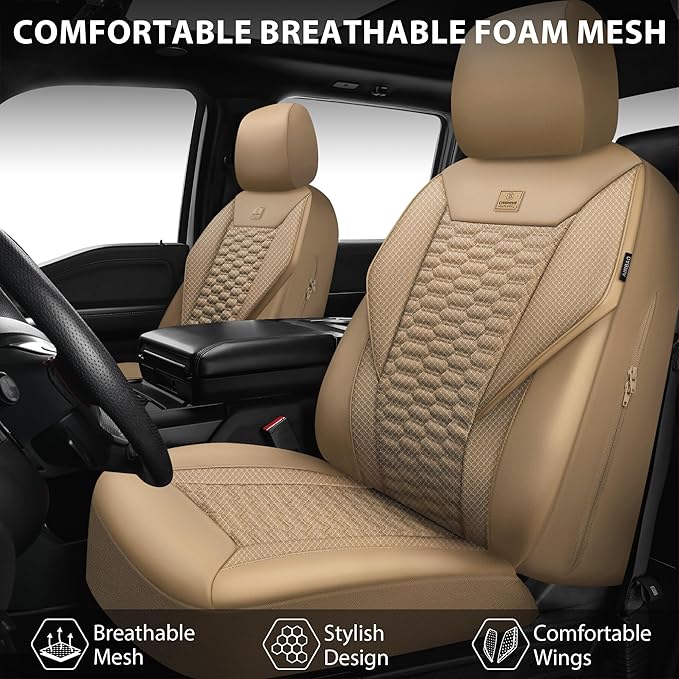 CAR PASS 3D Foam Mesh Leather Car Seat Covers Full Set, Tan Breathable Mesh Faux Leather Seat Covers for Car, Universal Fit for SUV Truck Sedan Automotive, Armrest Airbag Compatible, All Beige