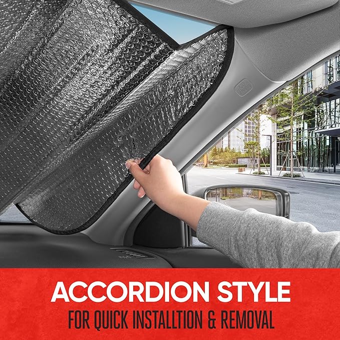 Motor Trend Black Accordion Folding Car Windshield Sun Shade - Blackout Sun Visor for Car Windshield - Foldable Jumbo Sunshade and Front Window Truck Sun Screen for UV Sun Protection - 66 x 27