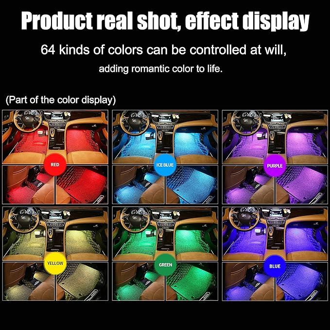 RGB Car Footwell Ambient Lighting Kit 16.7 Millions Colors Sound Active Music Sync APP Control Cigarette Lighter Car Interior Multicolored Footwell Atmosphere Light
