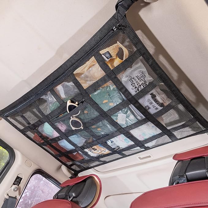 Kaskawise Upgrade Car Ceiling Cargo Net Pocket,31.5"x21.6" Double-Layer Car Roof Storage Organizer,Overhead Net for Truck,SUV & Van Camping,Travel Road Trips,Van Life Essentials