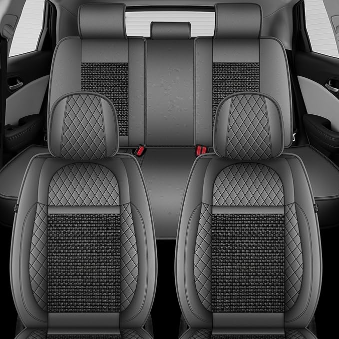 TTX LIGHTING for VW Tiguan 2009-2026 Car Seat Covers, Breathable Ice Silk & Leather Seat Protector, Cool & Anti-Sweat for Long Driving, Airbag Compatible, 5 Seats Full Set (Black&Gray)
