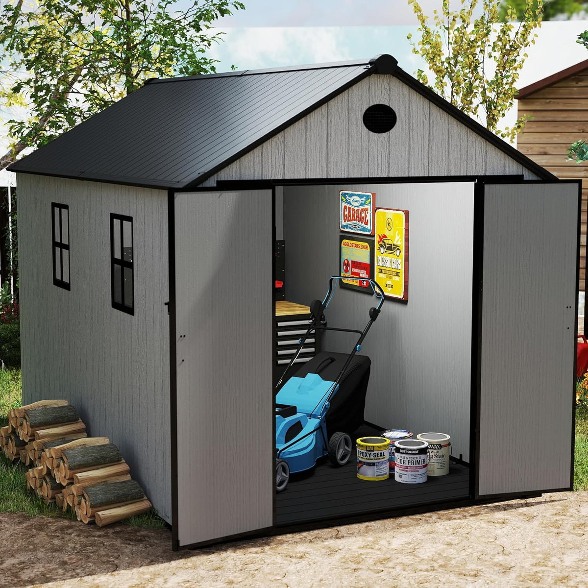 7.3 x 12 FT Shed Resin Outdoor Storage with Floor, 566 cuft Plastic Shed with Window and Lockable Door for Garden, Backyard, with Wood Texture, Grey